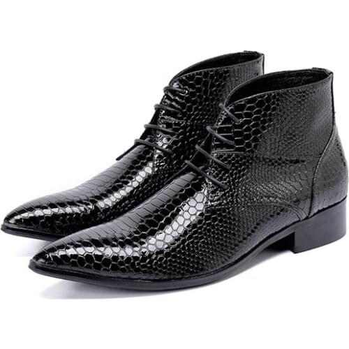 Botines Hombre European style snake skin print patent leather military boots black lace up ankle boots men cowboy boots mens