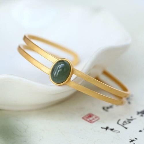 S925 Sterling Silver Bracelet Inlaid Natural Hetian Jade Green Jade Korean Style Simple Opening Bracelet Jasper Bracelet Jewelry