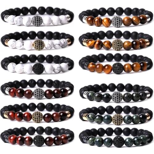 Fashion Red Yellow Tiger Eye Bracelet For Natural Stone Howlite Micro Pave Ball Bracelets Women Men Wholesale Jewelry