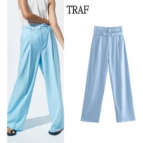 TRAF Za 2021 Blue Linen Womens Pants Loose High Waist Trouser Suits Woman Y2k With Belt Wide Leg Pant Pink Elegant Woman Pants