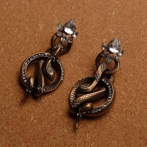 European and American classic fashion double snake retro personality black gold earrings