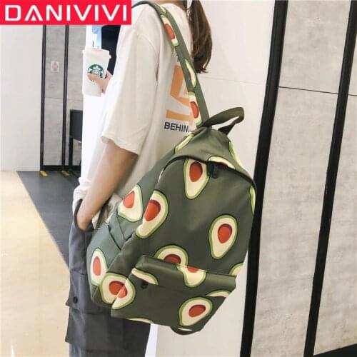 Cartoon Fruits Animals Print Women Canvas Backpack Large Capacity Students Travel School Bagpack Avocado Mochila Feminina