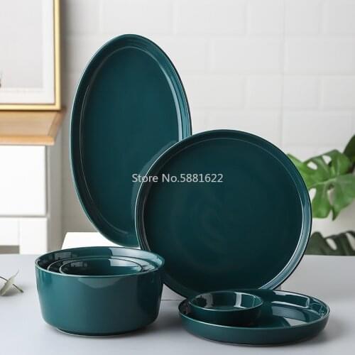 Ceramic Tableware Retro Malachite Green Dinner Plate Soup Bowl Dish Plate Breakfast Plate European Style Western Steak Plate