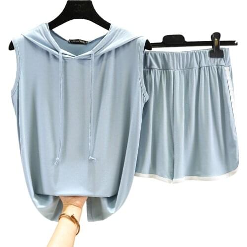 New Ensemble Femme 2 Pièces Women Pyjamas Summer Modal Home Suits Female Plus Size Hooded T-Shirt +Loose Shorts Pants Tracksuits