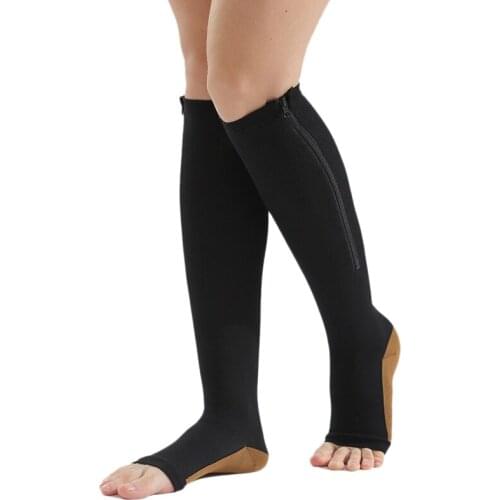 Compression Stockings Nylon Zipper Compression Sock Leg Knee Support Open Toe Preventing Varicose Veins Stretch Socks(Black)XXL