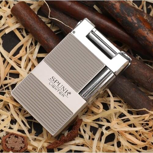 Creative SPUNK Grinding Wheel Cigar Pipe Oblique Fire Metal Lighter Flint Lighter Butane Gas Jet Lighter Men Collection Gift