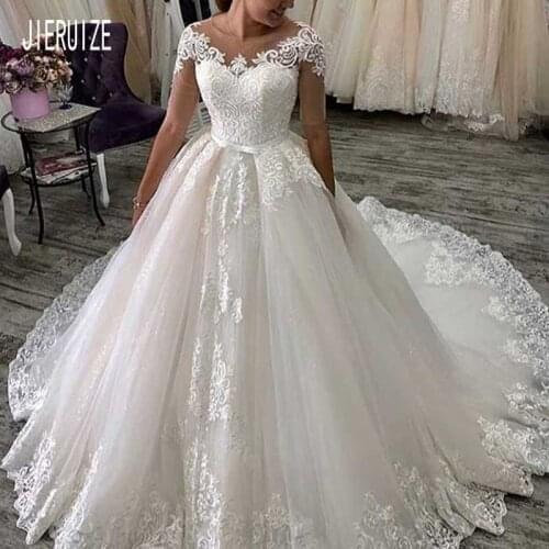 JIERUIZE Ball Gown Wedding Dresses O Neck Illusion Short Sleeve Bridal Gowns Lace Appliques Bow Sash Wedding Gown robe de mariee