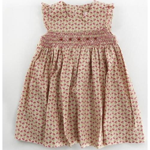 Baby girl summer vintage floral printed smocking dress kids handmade embroidered sleevless princess dress