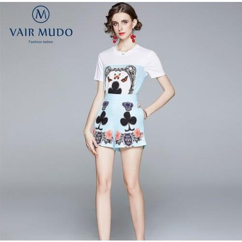 Summer Women Elegant Casual Fashion Suit Short-Sleeved T-Shirt High-Waist Shorts Hong Kong Style Womens Clothing Cute PrinY-167