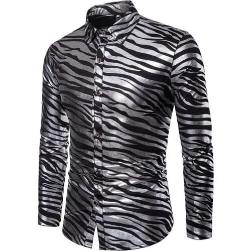 Fashion punk slim shirt men long sleeve shirt teenage korean Zebra stripe print bronzing shirt mens personality stage singer