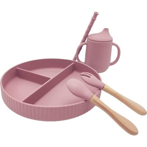 5 Pcs Baby Learning Feeding Tableware Set Divided Dinner Plate Bowl Spoon Fork Sippy Bottle Double Handle Straw Cups 69HE