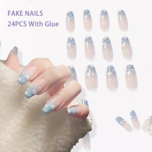 French Clouds Fake Nails Long Blue Coffin Press on Nail Tips Artificial Full Cover Ballerina Wearable False Nails Art 24pcs/Set