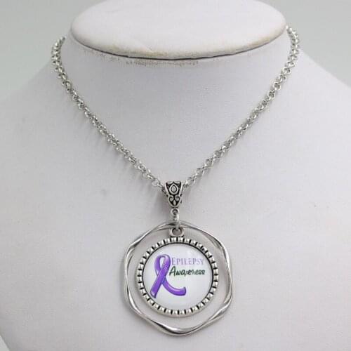 New Arrival Cancer Awareness Jewelry Cabochon Necklace Purple Ribbon Epilepsy Awareness Pendant Necklace cancer Jewelry Gifts
