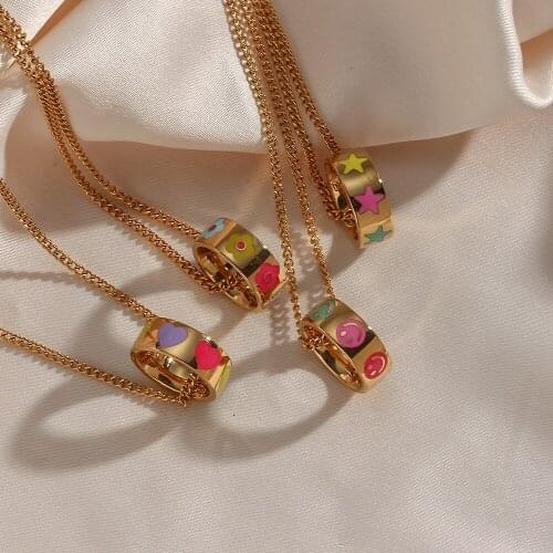 2021 New Cute Enamel Flower Smiley Face Star Heart Circle Loop Ring Pendant Necklace Girls Colorful Sweet Pendant Necklace