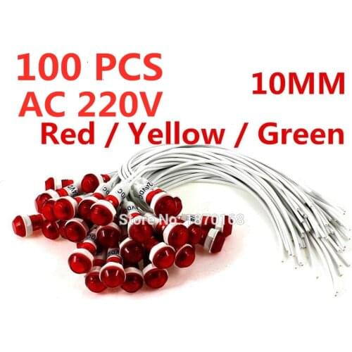 1 Pack ( 100 Pcs / Lots ) x 0.39" 10mm AC 220V Mounted Hole Water Heating Wired Green Indicator Light Pilot Lamp Bulb