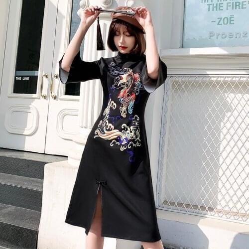 Modern Chinese Dress Qipao 2020 New Arrival Flare Sleeve Long Lady Elegant Vestido Black Harakuju Cheongsam Oriental Dress 11918