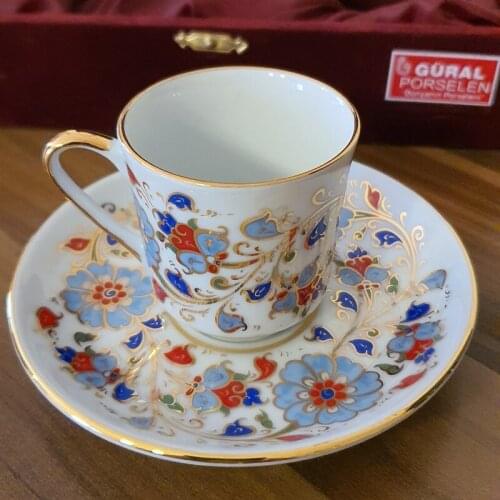 Turkish Porcelain Coffee/Espresso Cup Set in Red Velvet Box | Gilded and Floral Design | Vintage, Traditional, 100% Handmade