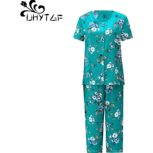 UHYTGF Middle-Aged Elderly Summer Two-Piece Set Womens Printing Cotton Silk Female Thin Pajamas Plus Size Suit Home Clothes 1663