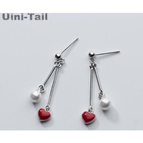 Uini-Tail hot new 925 sterling silver Korean temperament simple girl glaze heart-shaped red pearl earrings long section