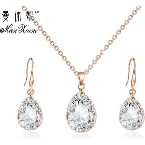 Manxiuni Jewelry Luxury Genuine Austrian Crystal Pendant Necklace Drop Earrings Set Silver Plated Bridal Jewelry Set For Women