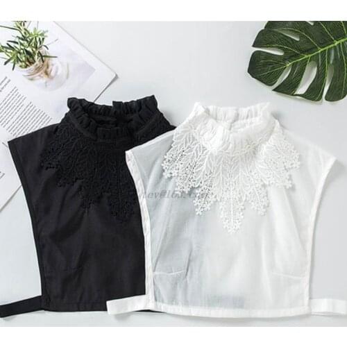 Women Girl Blouse Fake Ruffle Stand Collar Crochet Floral Lace Applique Decor Solid Color Detachable Ladies Stretchy Half Shirts