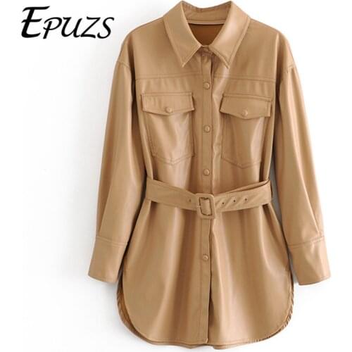 Elegant Lapel Oversize Slim PU Jacket Coat Women Faux Leather Pocket Sashes Jacket Coats Famale Outerwear Chic Top Autumn Winter