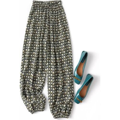 Womens 100% Pure Silk Thin Loose Type fashion length Pants rhombus Turnip pants L1137