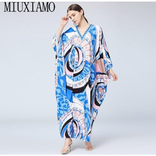 MIUXIMAO 2021 Bohemian Plus Size Dress V-neck Batwing Sleeve Maxi Dress Women Elastic Silk Floor Length New Kaftan Dress