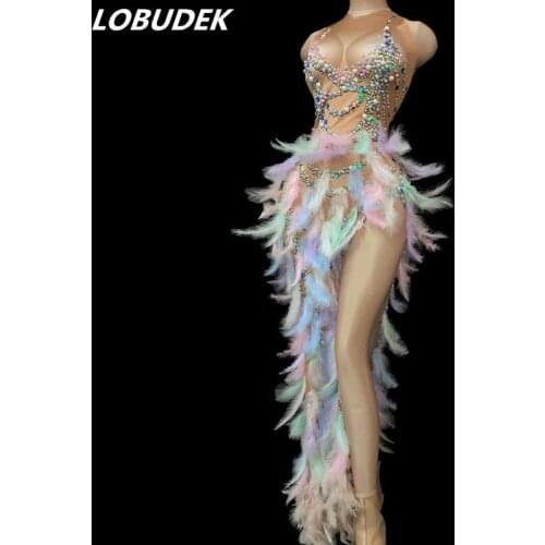 Multi-color Feather Pearls Slit Long Dress Women Singer Dancer Host Fashion Sleeveless Crystals Dress Nightclub DJ Stage Costume