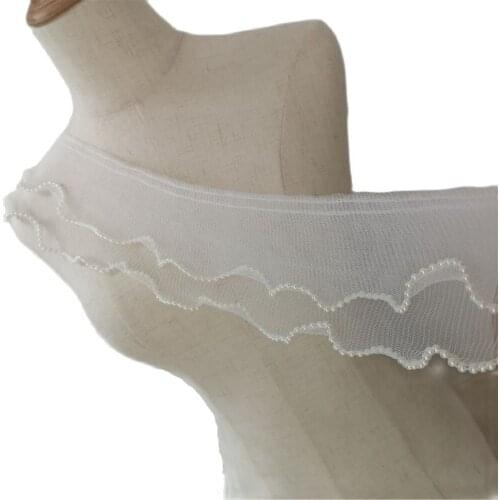 1Yards Pleated Beaded Fabric Elastic Lace Ribbon Mesh Tulle 9cm Guipure White Lace Material For Wedding Dress Sewing Craft PY-18