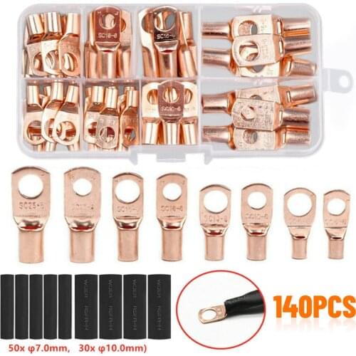 140PCS Assortment Car Auto Copper Ring Terminal Wire Crimp Connector Bare Cable Battery Terminals Soldered Connectors Kit