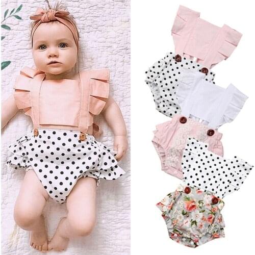 2019 3M-24M Newborn Baby Girls Clothes Splice Romper Jumpsuit Outfits Lace Floral Polka Dots Ruffles Rompers Summer