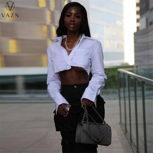 VAZN 2021 Autumn Sexy White Asymmetrical Chiffon Short Style Joker High Street Full Sleeve Women High Waist Mini Shirts