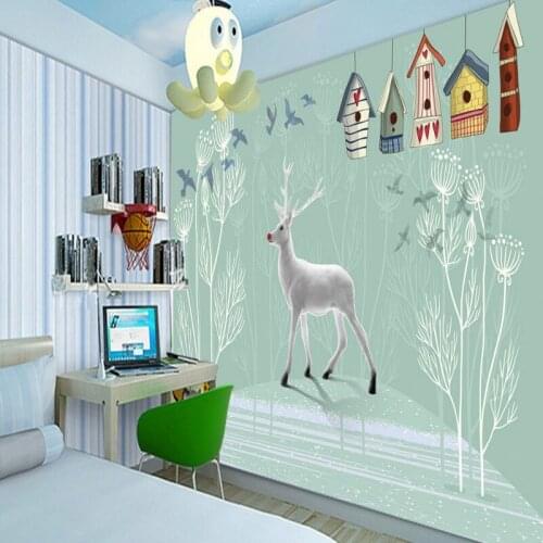 3D photo wallpaper Hand painted woods white deer bird children room bedroom mural Background Wall custom lobby wallpaper