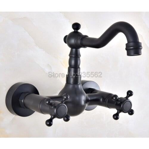 Oil Rubbed Black Bronze Wall Mounted Swivel Spout Bathroom Sink Faucet Double Handle Mixer Tap lnf847