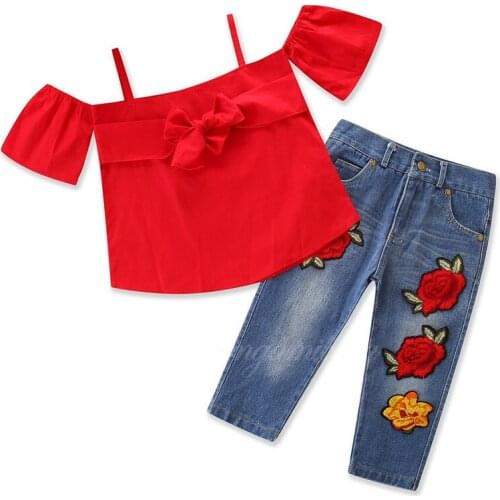 DFXD High Quality Summer Little Girl Clothes Set Cotton Red Short Sleeve Bow-knot Princess Top+Long Flower Embroidery Jeans Pant