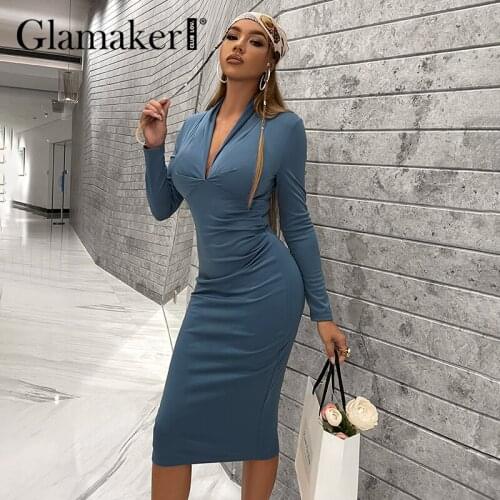 Glamaker V neck elegant bodycon midi dress Elegant dinner party slim women vestidos Long sleeve winter basic all-match dresses