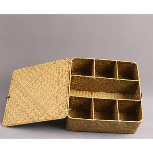 Handmade Natural Seaweed Divided Storage Box With Cover Classified Storage Container For House Kitchen Hotel Teahouse Office