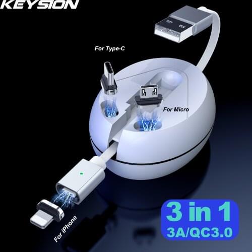 KEYSION 3 in 1 Magnetic USB Type-C Cable for Xiaomi redmi 9 Samsung S20 3A Fast Charging Cable for iPhone 11 12 Micro USB Cable