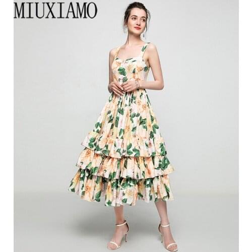 MIUXIMAO 2021 summer new fashion Yellow rose print lotus leaf side cascading cake type sexy harness beach style women dress