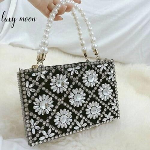 Fashion Womens Purse with Rhinestones Luxury Evening Clutch Bags for Wedding Party Hollow Flower Pearl Cosmetic Handbag ZD2154
