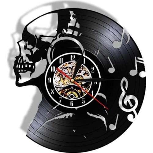 Music Skull Wall Clock Headphones Vinyl Record DJ Rock Home Decor Halloween Party Clock Silent Movement 7-color Lights