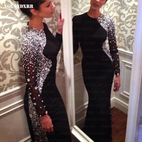 Amazing Trumpet Prom Dress 2022 Jersey Crystal Beading Long Skirt Black O-Neck Party Gown Custom Made