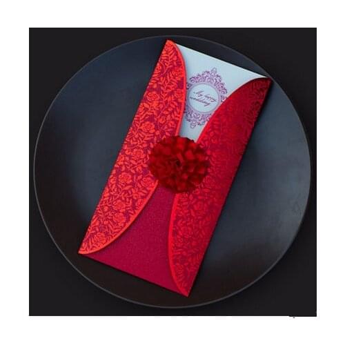 New 10set/lot Red Elegant Flower Wedding Invitations 3D Laser-cut Invitation Card with Envelope seal Engagement Bride Show