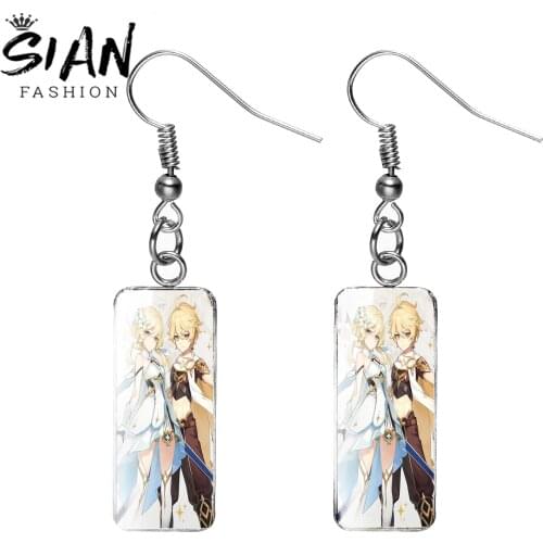 Anime Genshin Impact Printed Rectangle Drop Earrings Hand Craft Glass Cabochon Fish Hook Dangle Earrings Jewelry Gift for Women