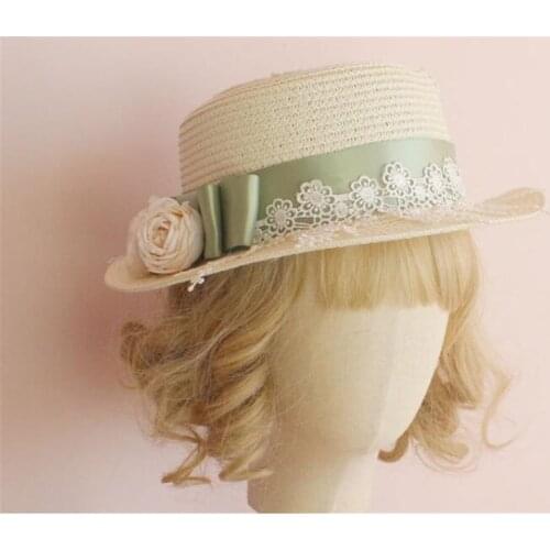Lolita Flower rose Princess Bow Ribbon Summer Straw Hats Womens Beach Sun Hat Mori Girl Hanmade Cap B1329