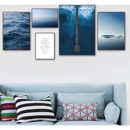 Nordic Posters Prints Wall Art Canvas Painting Wall Art Canvas Painting Print Wall Pictures Blue Ocean Landscape Sea Wave Quotes