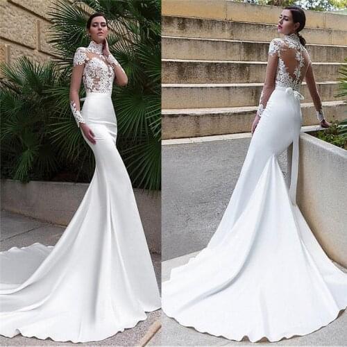 High Neck Long Sleeves Mermaid Wedding Dresses Lace Appliques With Ribbon Waistline Bridal Gowns Simple Custom Illusion Fashion