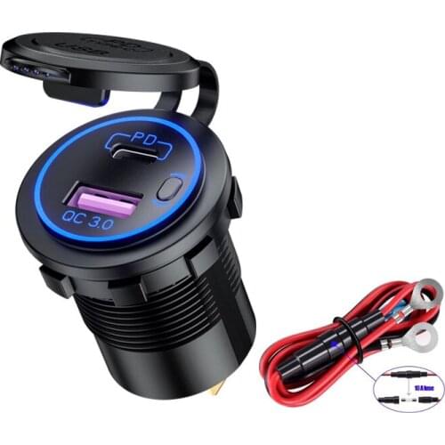 USB Charger PD QC 3.0 Chargers Socket Adapter Dual USB Charger With LED Voltmeter And Cable For 12-24V Car Motorcycles Blue Lamp