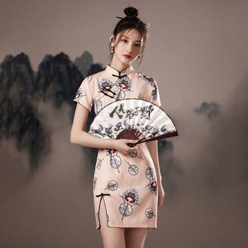 Print Flower Vintage Cheongsam Women Chinese Traditional Dress Mini Qipao Elegant Sexy Short Dress Evening Party Gown Oriental